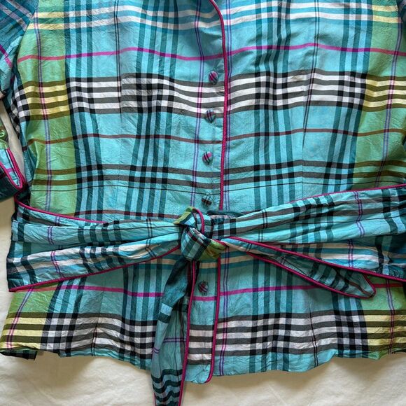 Marisa Baratelli 100% Thai Silk Tie Bow Waist Jacket Top Blouse Size 12 Plaid - Picture 6 of 14
